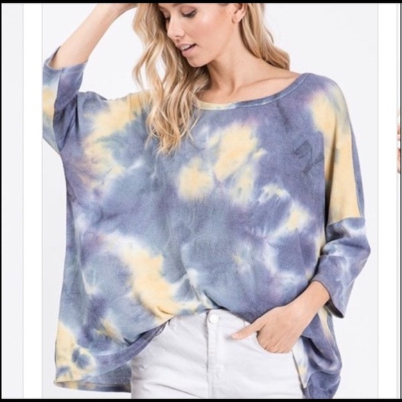 Blue and Yellow Waffle Knit Tie Dye Loose Fit Top - Picture 3 of 7